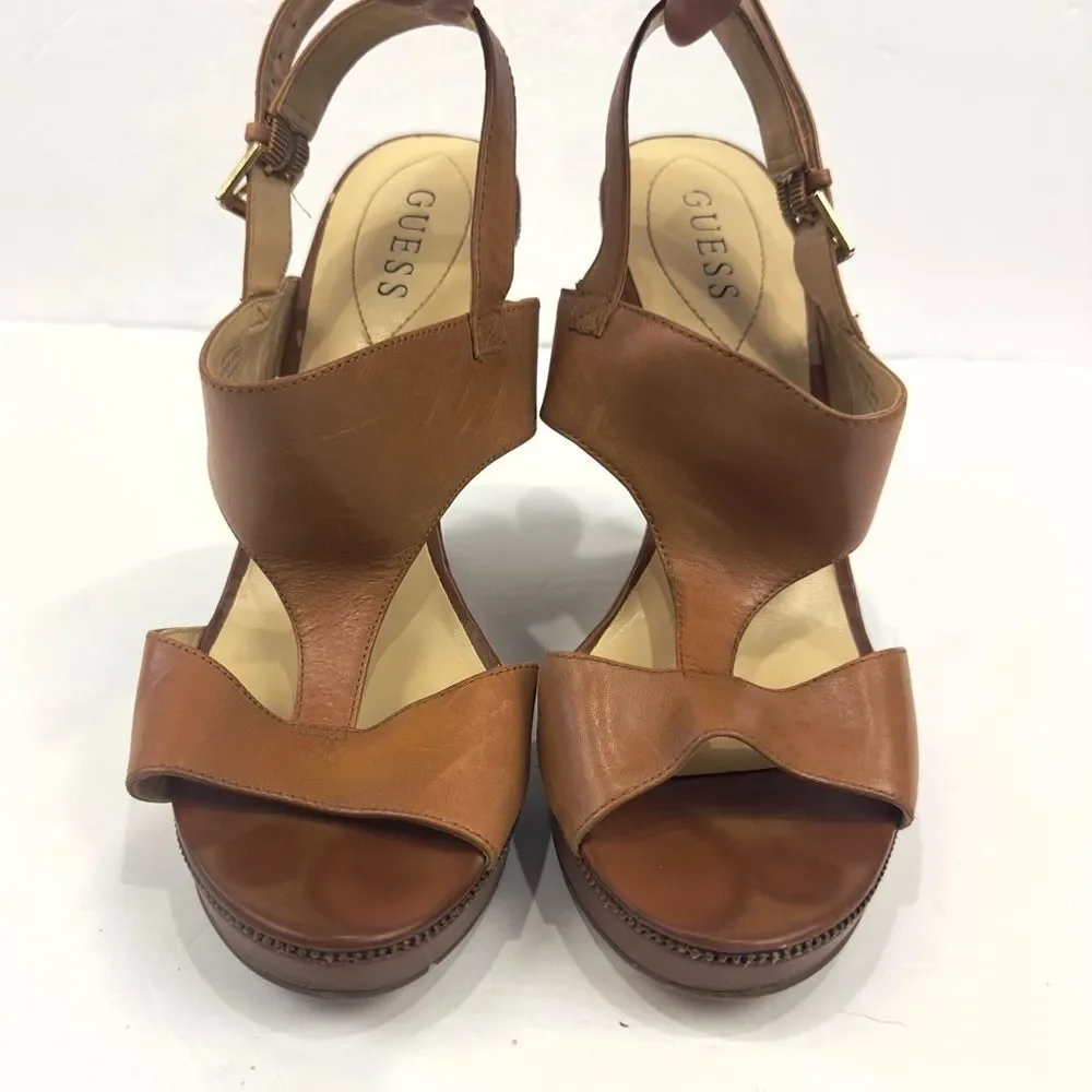 Guess WGFRANCIE Brown Leather Wedge Open Toe Strappy Sandals Women's Sz 10M